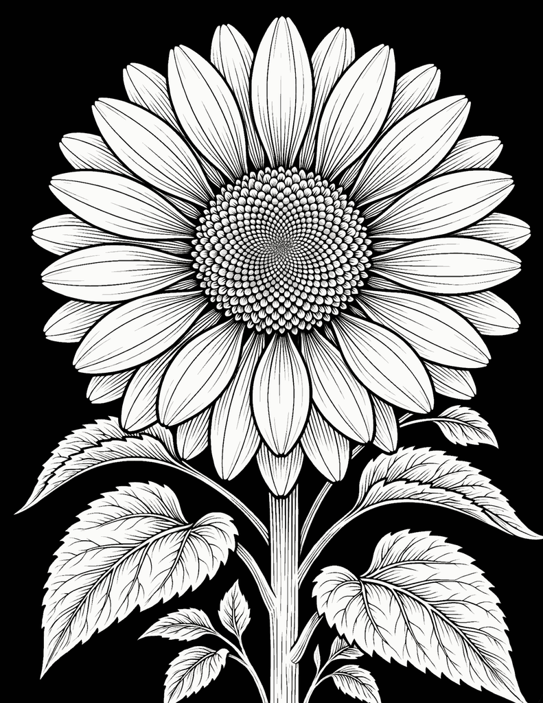 Detailed black and white sunflower botanical line art illustration centered on a solid black background
