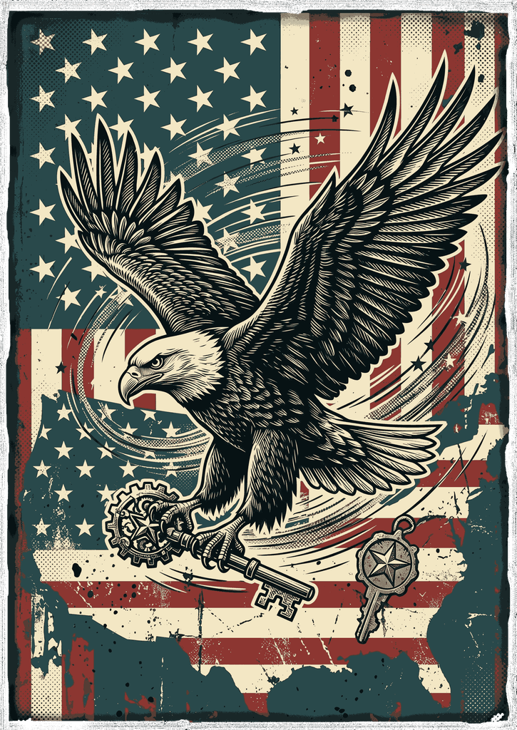 Detailed vector-style flying eagle carrying antique key over weathered American flag background