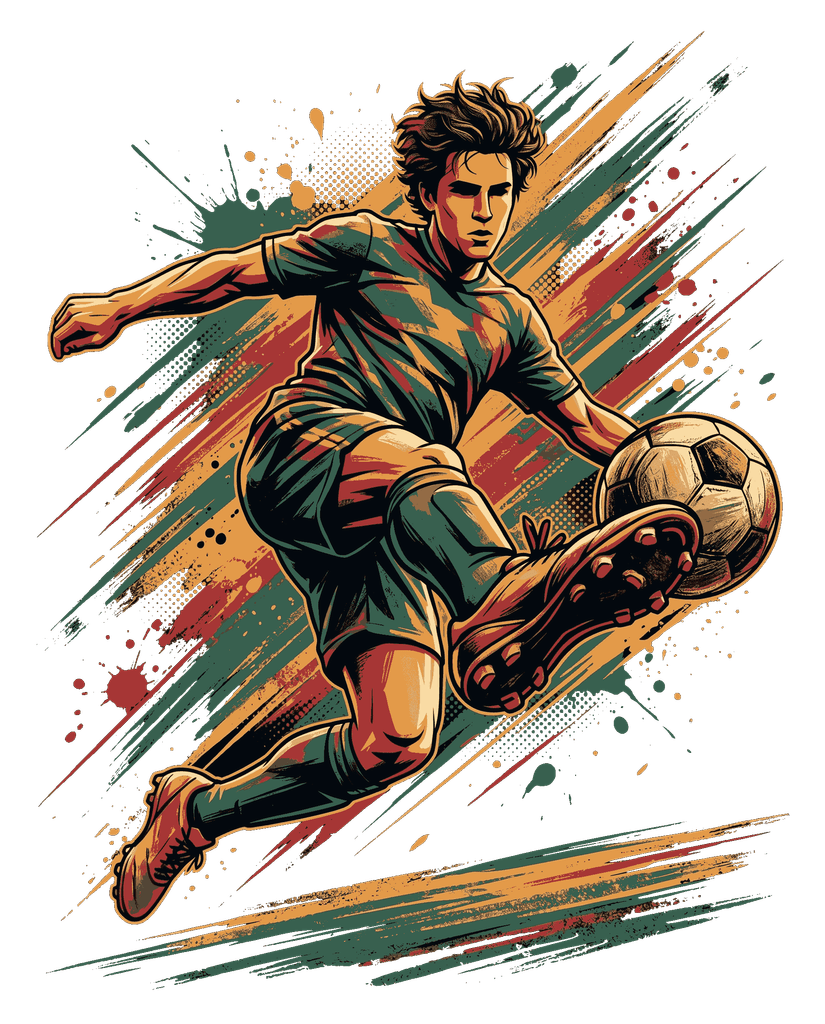 Ultra-high-resolution dynamic soccer player scoring goal illustration with colorful motion grunge textures transparent background