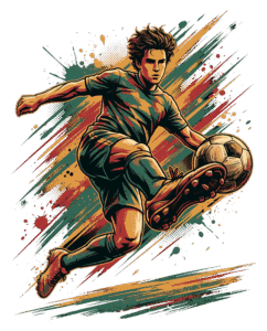 Powerful soccer athlete in motion striking a football amidst colorful splash effects and speed lines transparent cutout