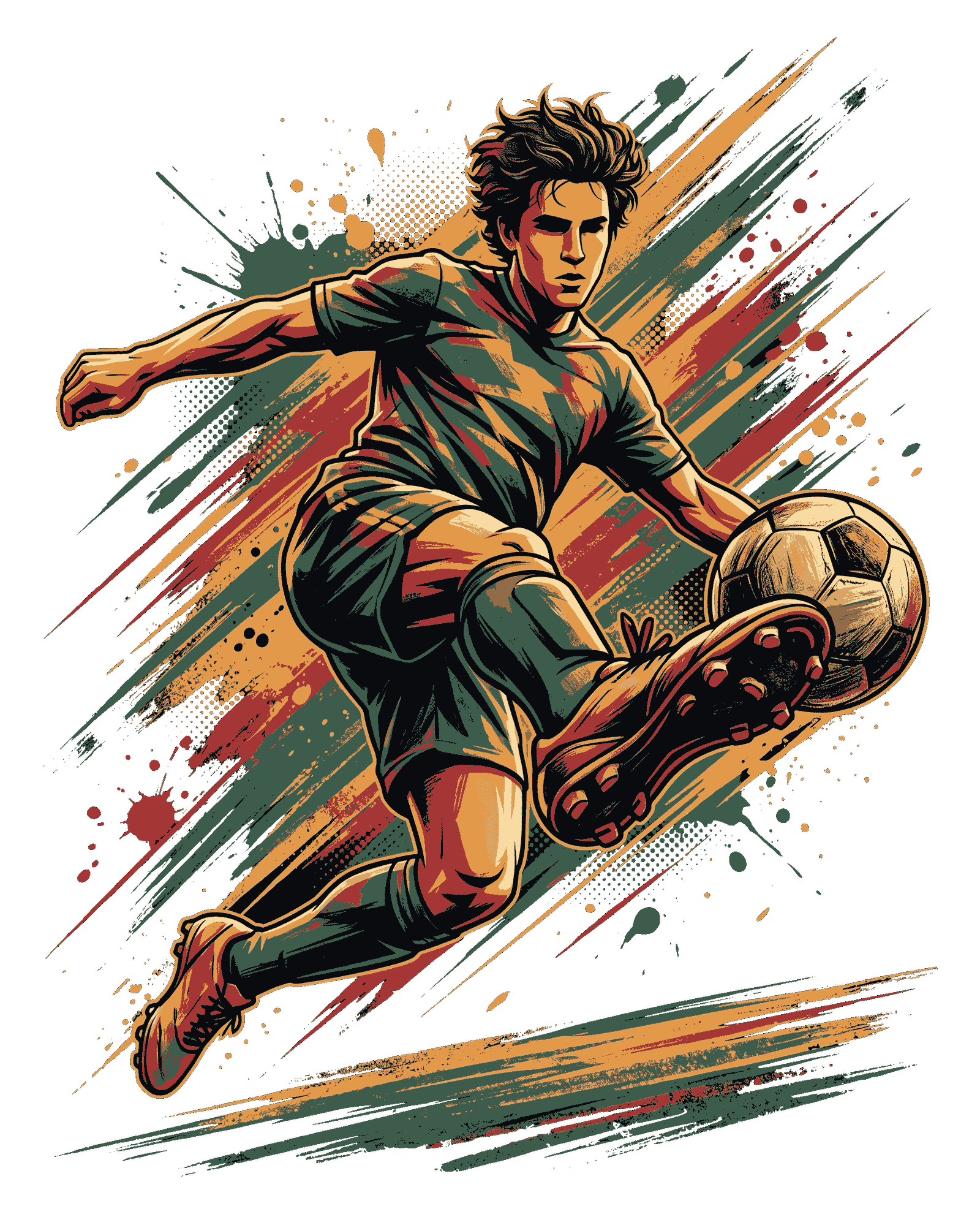 Powerful soccer athlete in motion striking a football amidst colorful splash effects and speed lines transparent cutout