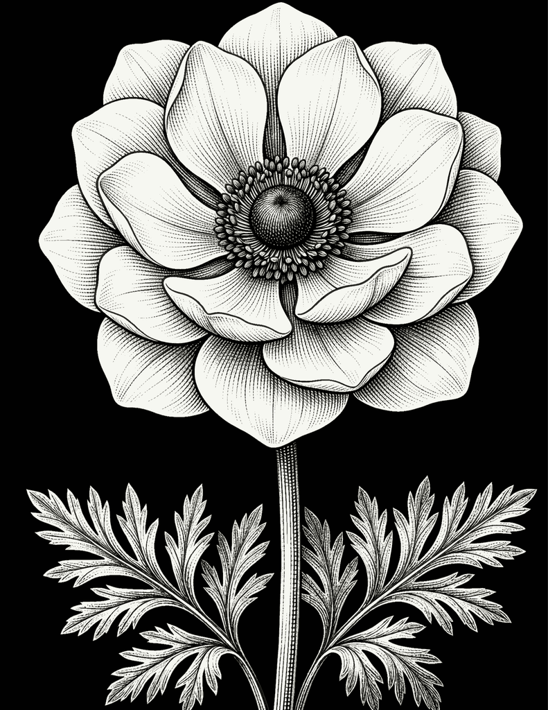 Black and white vintage engraving sketch of a blooming anemone flower with ornate feathered leaves on black