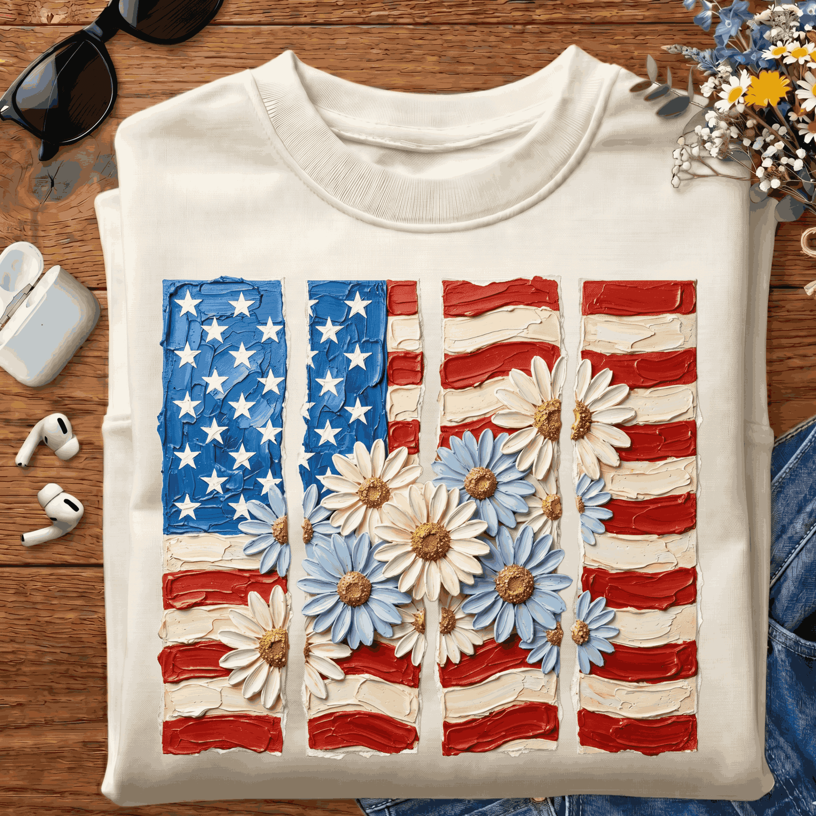 Impasto oil painted multi-panel American flag textured with light blue and white daisy flowers