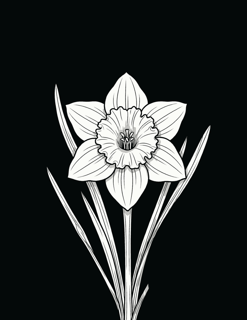 Clean black and white line art drawing of a single daffodil narcissus blossom with long leaves on black background