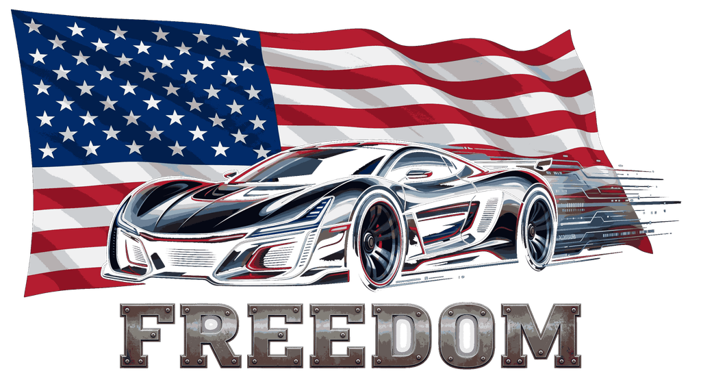 Modern futuristic supercar speeding with metallic Freedom typography and waving American flag graphic suitable for transparent backgrounds