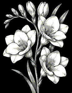 Detailed black and white vintage etching of blooming freesia flowers with curved buds and slim stems on black