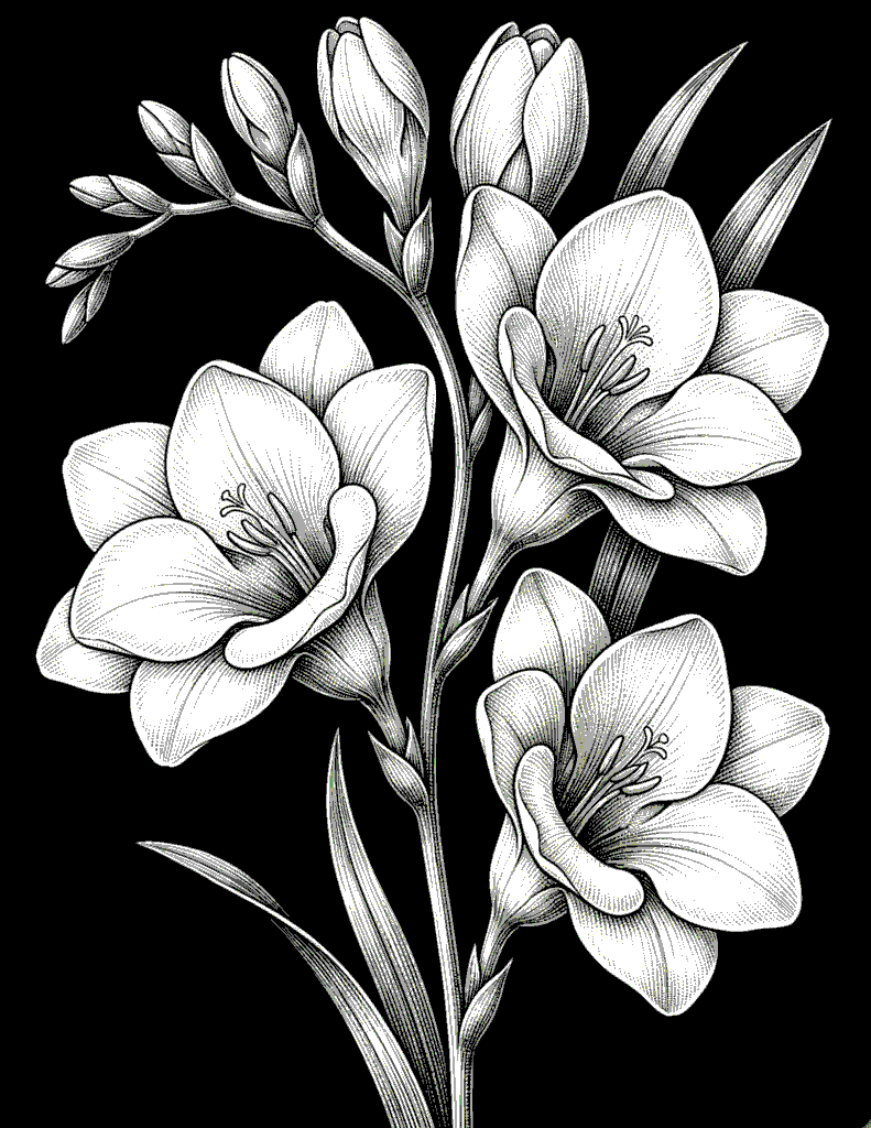 Detailed black and white vintage etching of blooming freesia flowers with curved buds and slim stems on black
