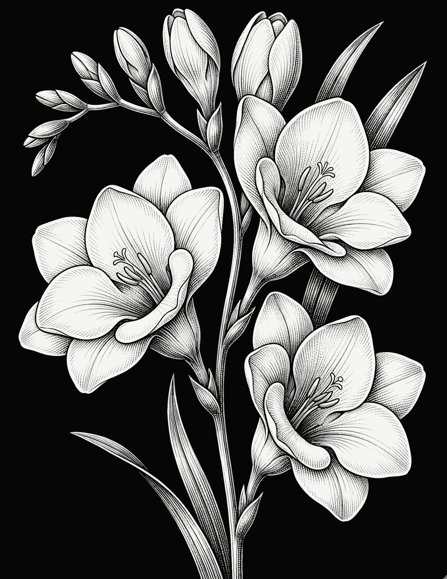 Detailed black and white vintage etching of blooming freesia flowers with curved buds and slim stems on black