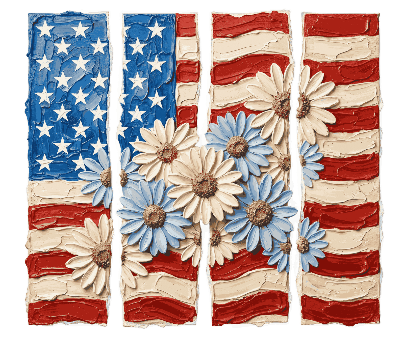 Impasto oil painting style textured American flag split into panels decorated with blue and white daisy flowers