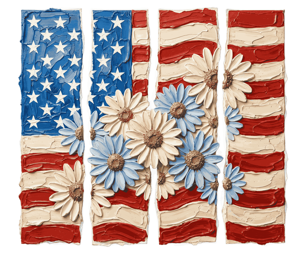 Rustic American flag wall decor design featuring heavy paint brushstrokes and scattered 3D flower petals
