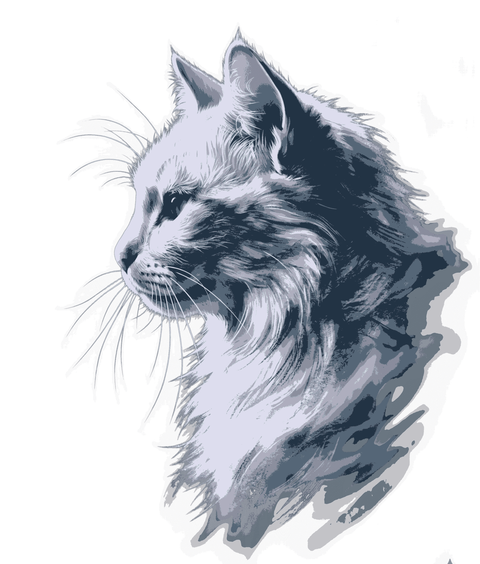 Side profile vector art of a fluffy longhair cat with detailed fur textures on a transparent background