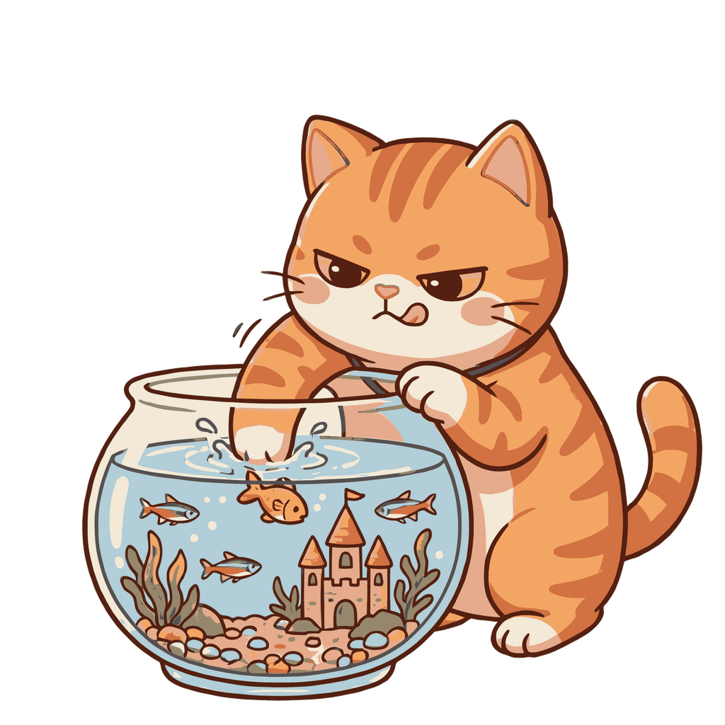 Cute orange tabby kitten dipping its paw into a round glass fishbowl with fish and castle transparent graphic