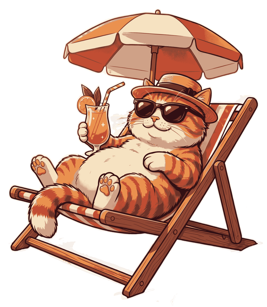 Funny chubby orange cat wearing sunglasses and sunhat relaxing on a beach lounge chair with tropical cocktail transparent PNG