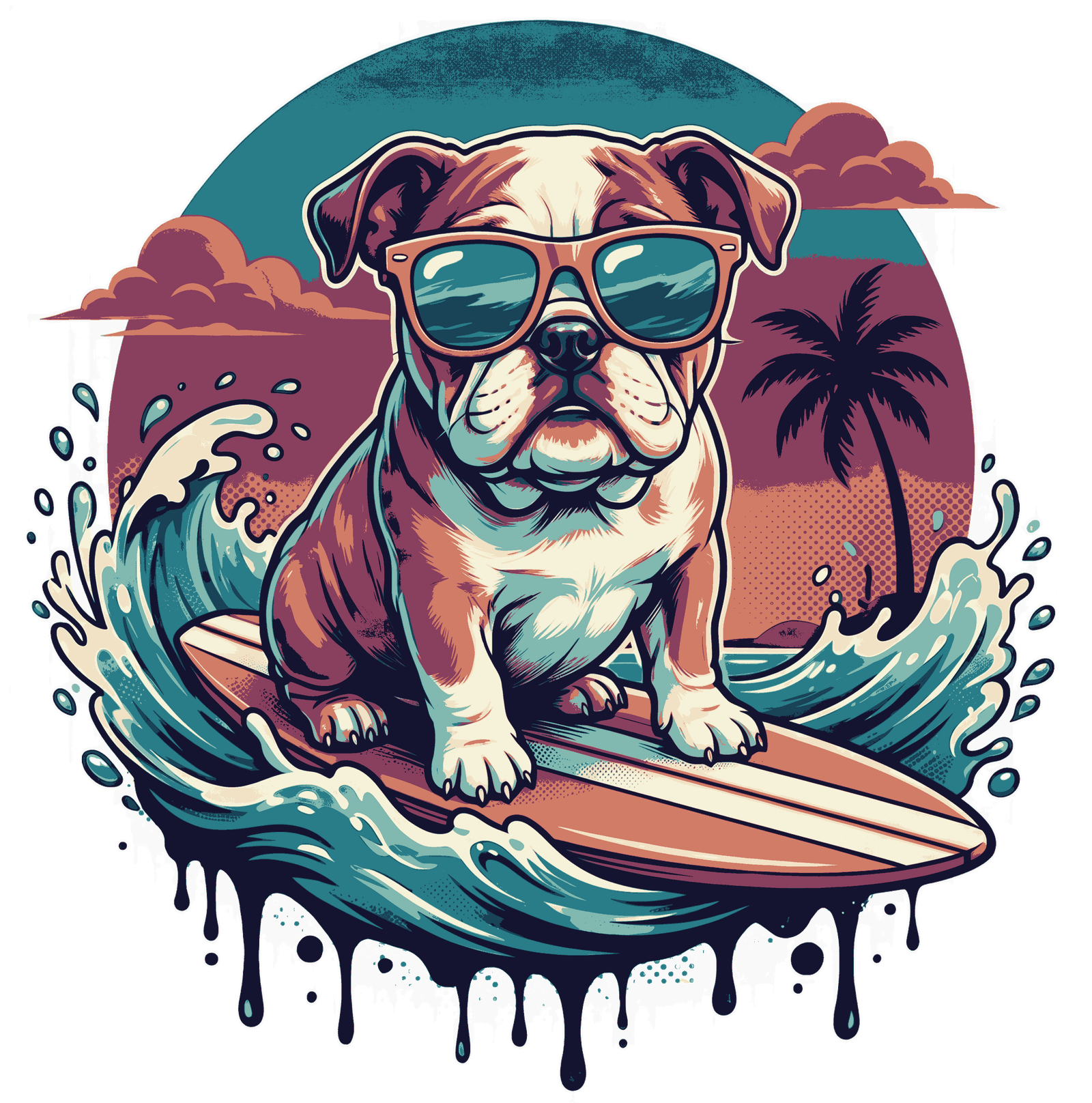 Retro summer illustration of an English bulldog wearing sunglasses riding a surfboard on ocean waves transparent background