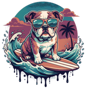 llustrated English bulldog wearing sunglasses while riding a surfboard on crashing ocean waves against a tropical sunset
