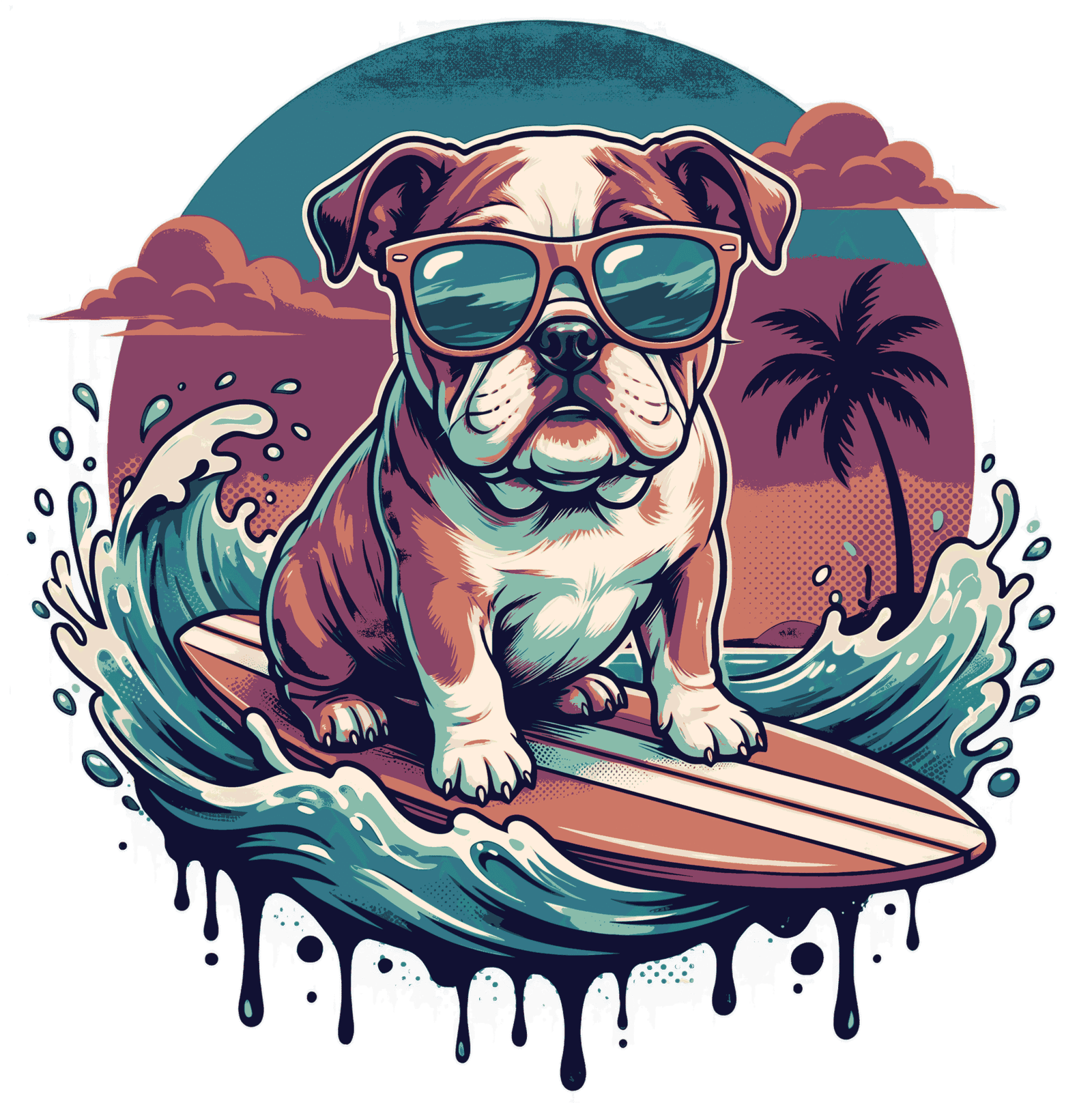 llustrated English bulldog wearing sunglasses while riding a surfboard on crashing ocean waves against a tropical sunset