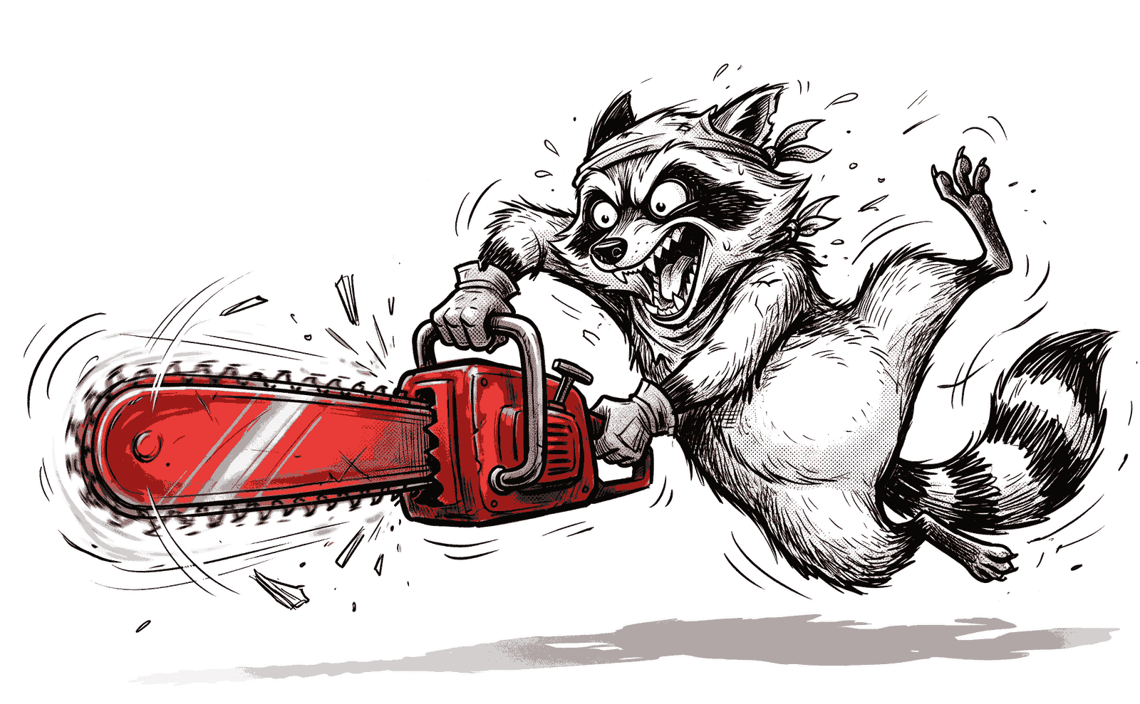 Detailed halftone vector illustration of an angry bandana raccoon running with a buzzing chainsaw transparent asset
