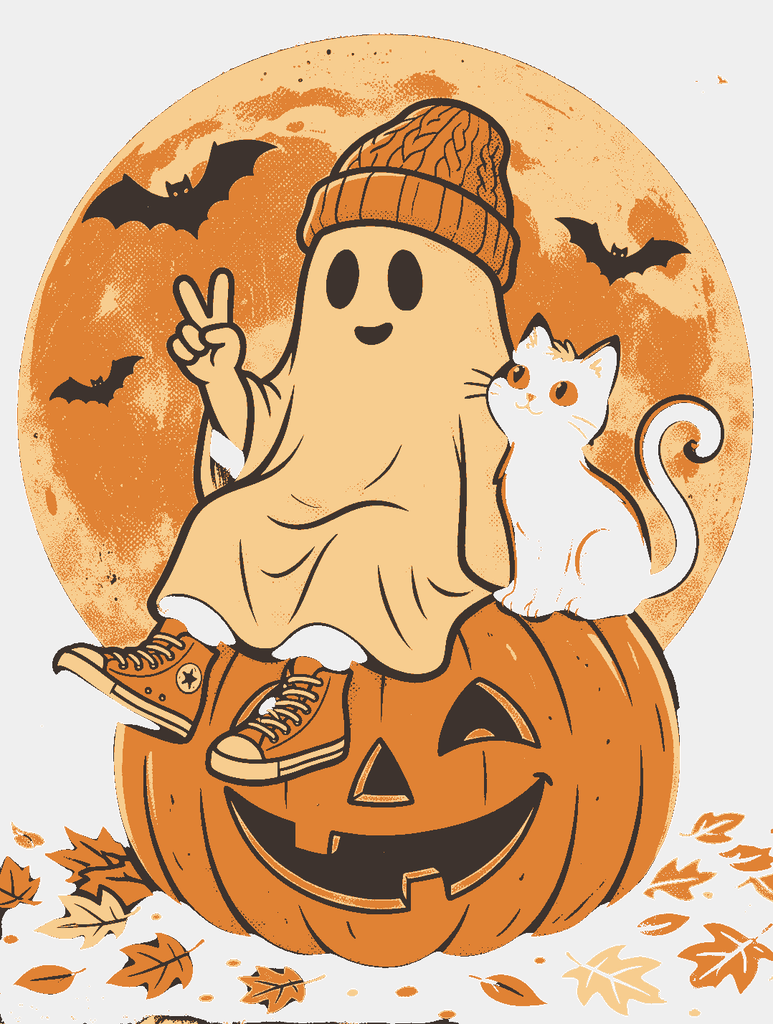 Retro cartoon ghost wearing a beanie and sneakers sitting on a carved jack-o'-lantern with a white cat on transparent background