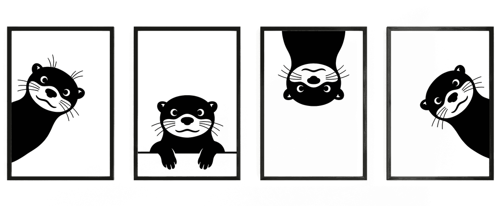 Large transparent PNG graphic of four cute black otter silhouettes peeking inside modern frames