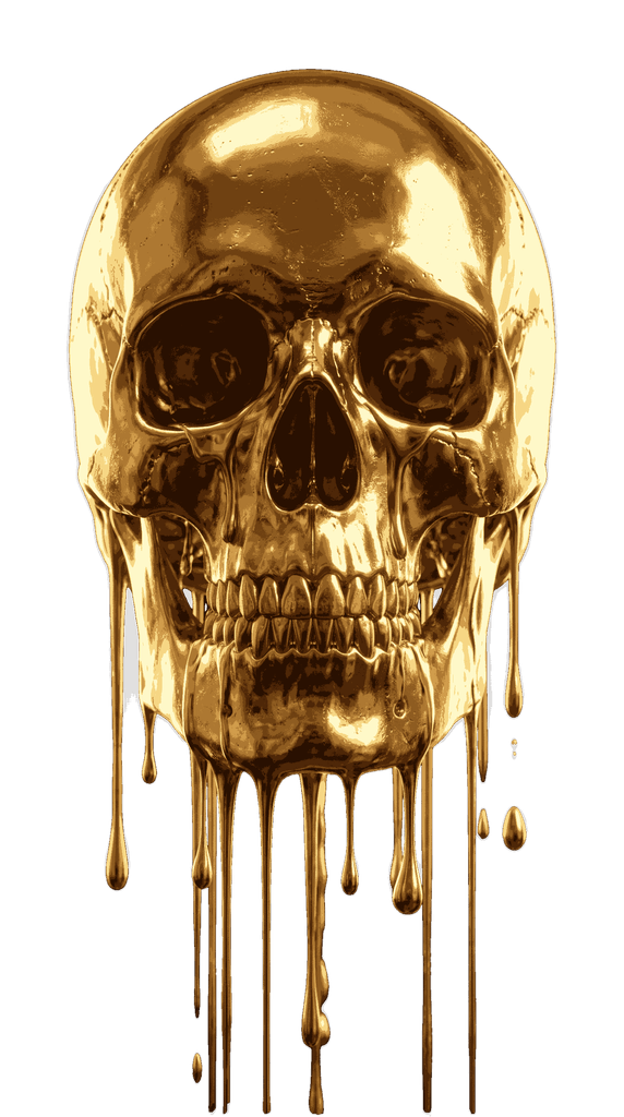 Highly detailed metallic chrome gold skull dripping liquid gold droplets in dramatic luxury style