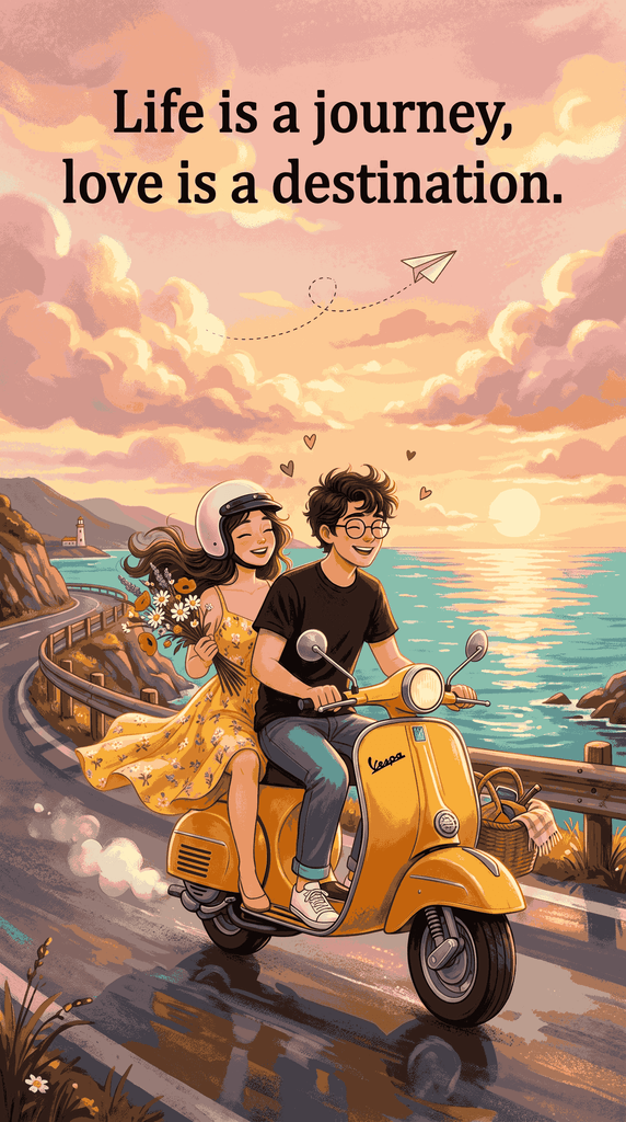 Anime style romantic couple riding a yellow vintage scooter along a coastal road at sunset with quote Life is a journey love is a destination
