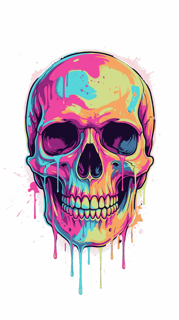 Vibrant colorful human skull illustration with dripping neon paint splatters in graffiti street art style