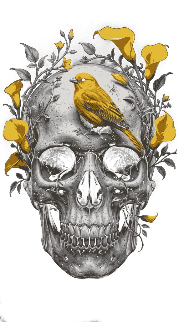 Realistic gray textured human skull crowned with blooming yellow flowers and a bright yellow songbird perched on top