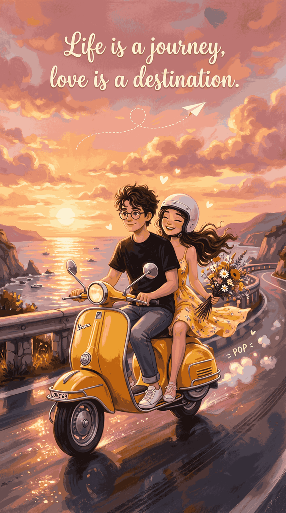 Anime art print of a joyful couple on a retro Vespa scooter along an ocean road during golden hour with handwritten script quote
