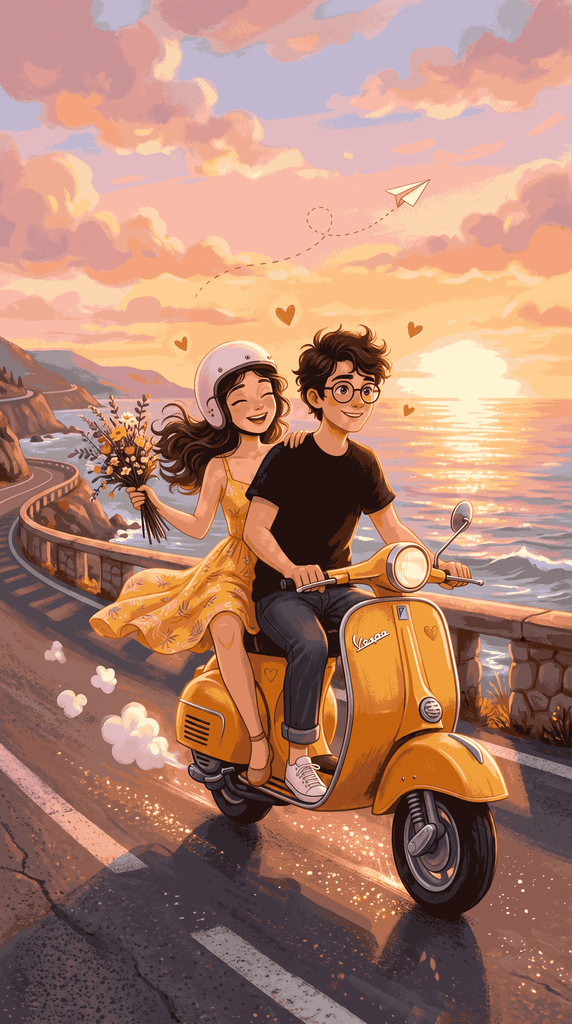 Anime couple riding a yellow retro scooter along a scenic coastal road at golden hour sunset without text