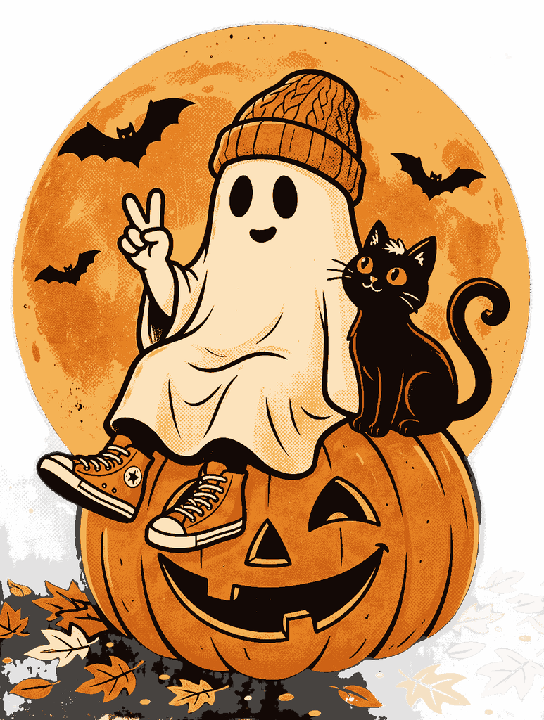 Vintage style friendly ghost wearing knit beanie sitting on a carved pumpkin with a black cat on transparent backdrop