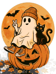 Cute sheet ghost flashing a peace sign sitting on a smiling pumpkin beside a black cat under a full moon transparent PNG