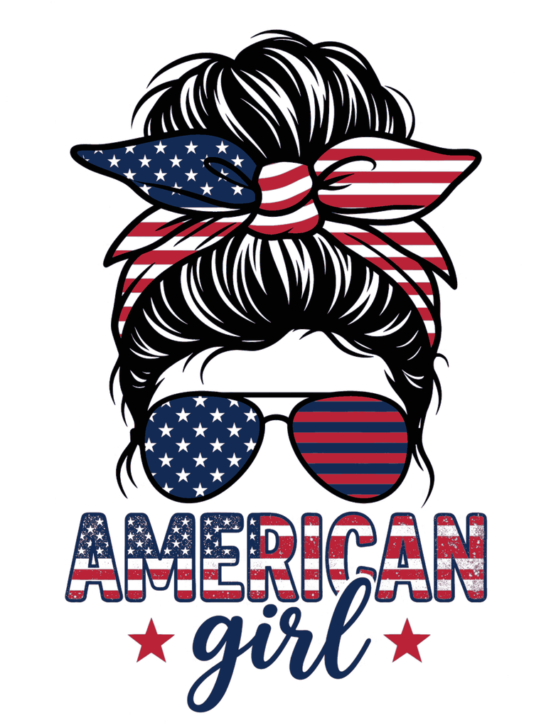 Patriotic messy bun hairstyle with American flag bandana and aviator sunglasses on transparent background