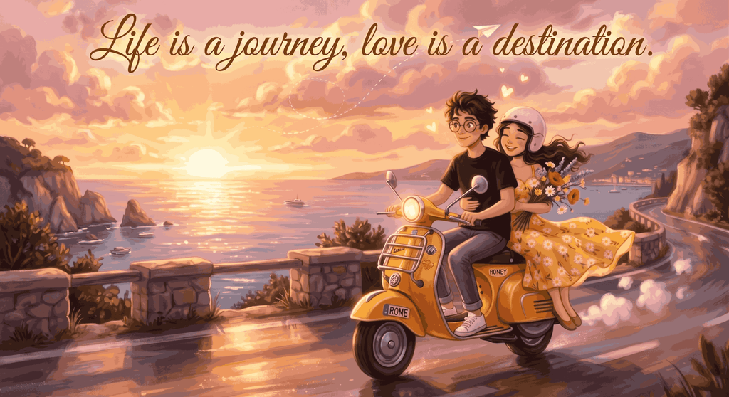 Anime couple riding a yellow retro scooter along a sunset ocean cliffside road with cursive quote Life is a journey love is a destination