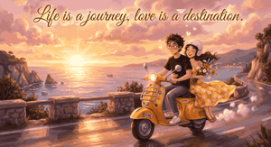 Anime couple riding a yellow retro scooter along a sunset ocean cliffside road with cursive quote Life is a journey love is a destination