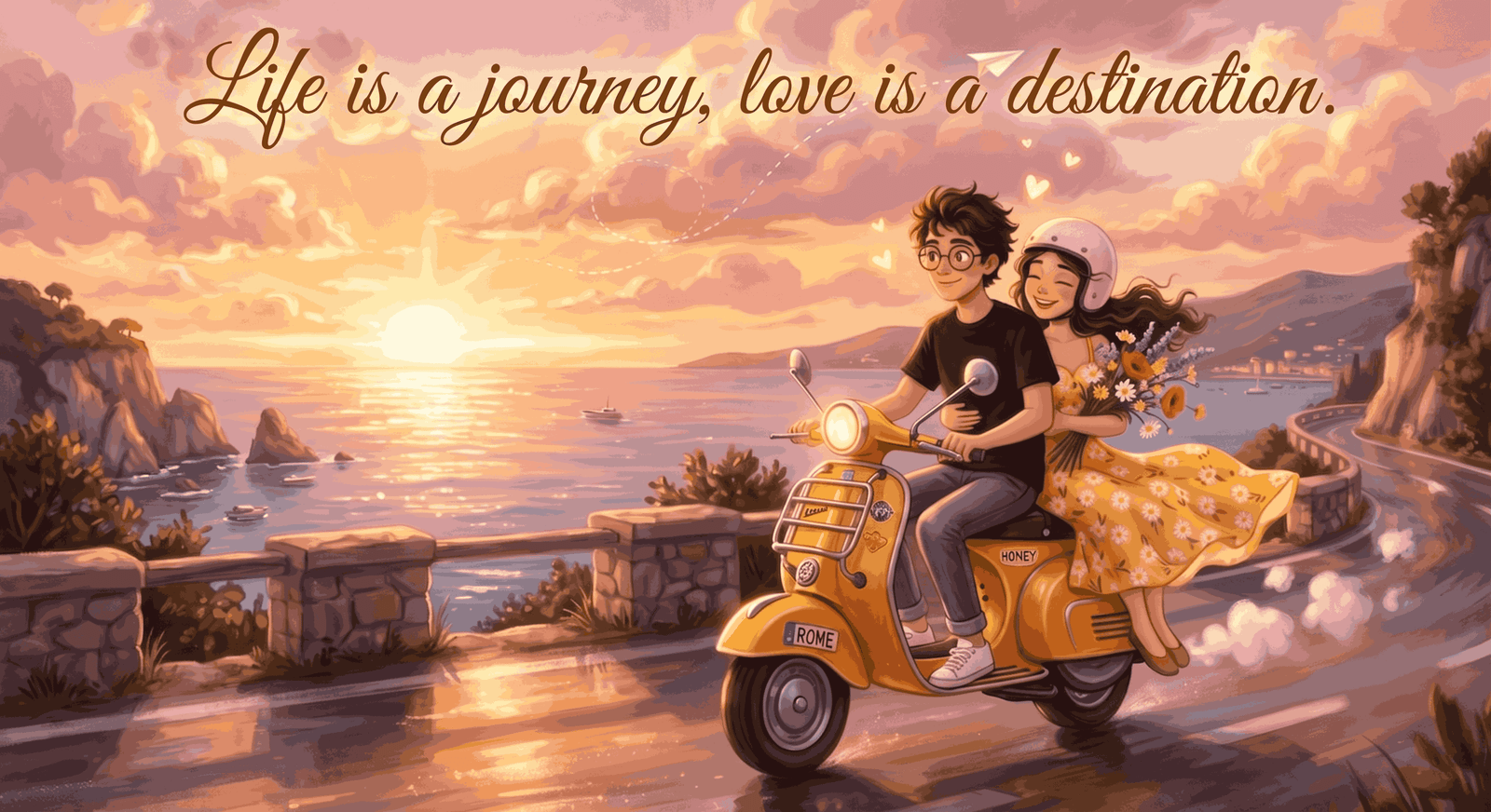 Anime couple riding a yellow retro scooter along a sunset ocean cliffside road with cursive quote Life is a journey love is a destination