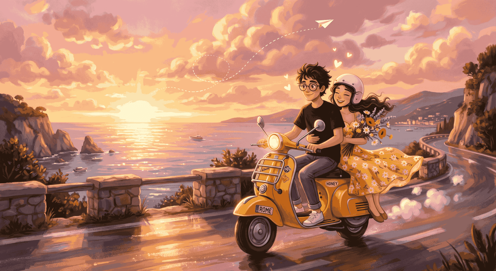 Text-free widescreen landscape digital painting of an anime couple riding along an Italian coastal cliff at golden hour
