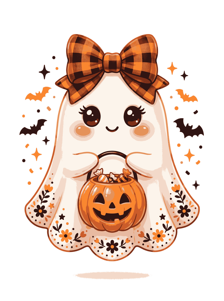 Adorable girl ghost wearing an orange buffalo plaid bow holding a smiling jack-o'-lantern bucket on transparent background