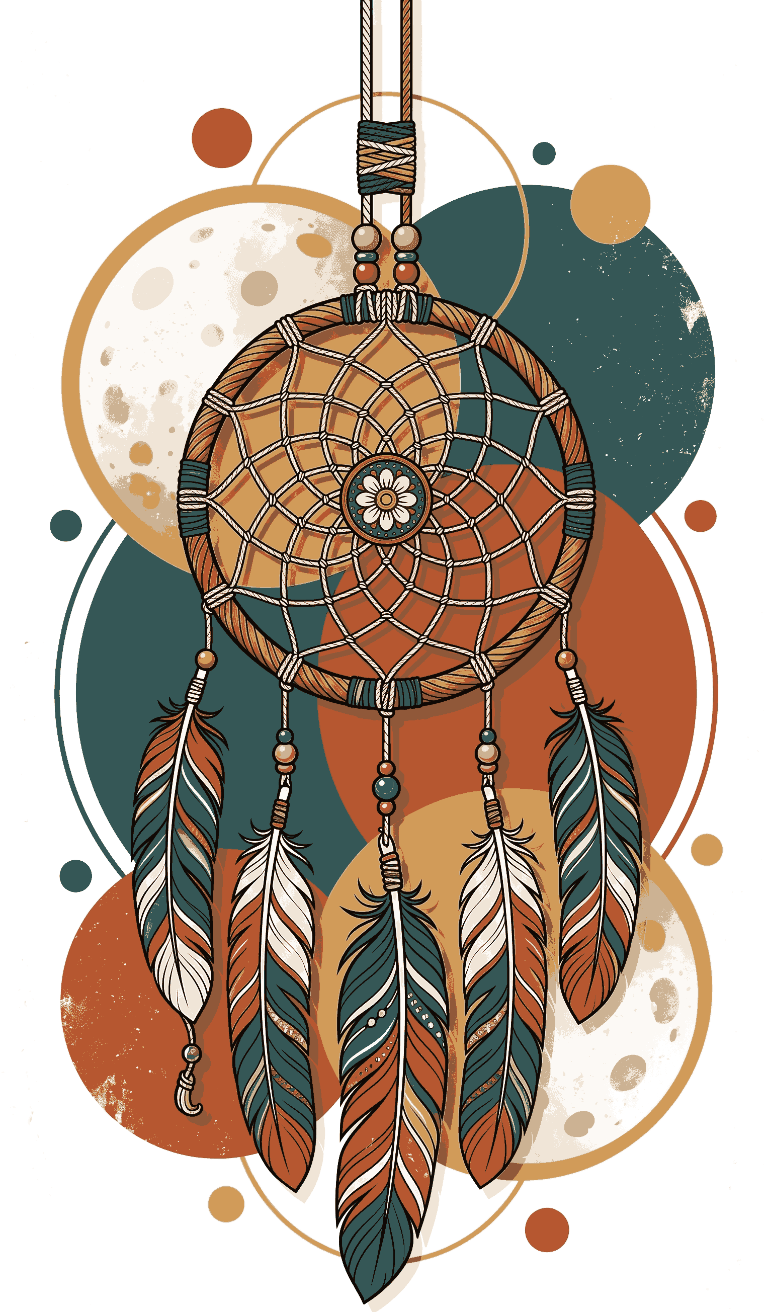 Bohemian tribal dreamcatcher with hanging feathers and geometric celestial circles on transparent background
