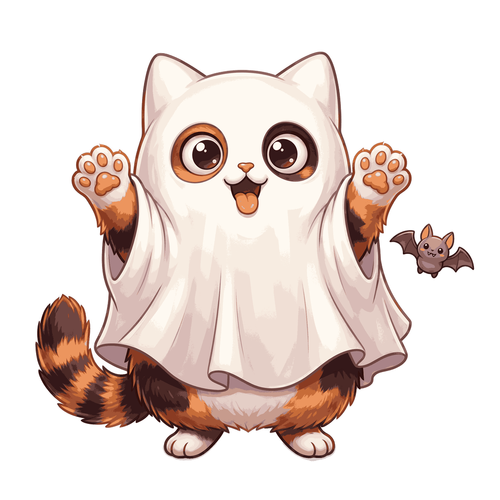Playful calico kitten popping out of a white sheet ghost costume with tiny bat on a clean transparent background