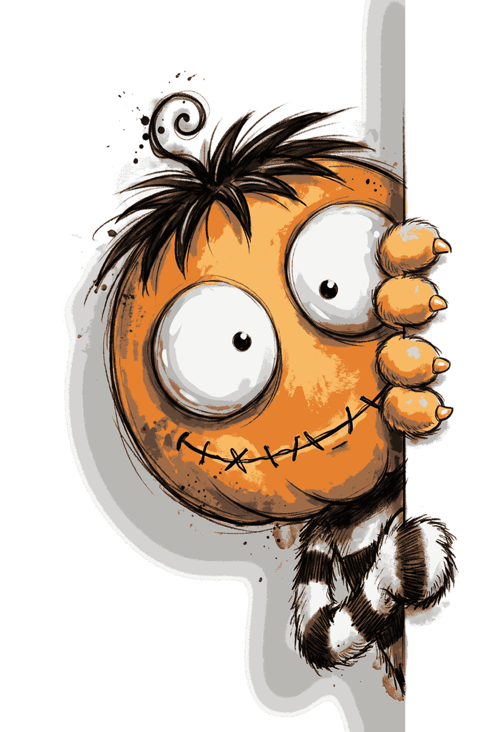 Cartoon pumpkin monster with wide eyes and stitched smile peeking around a border on a transparent background