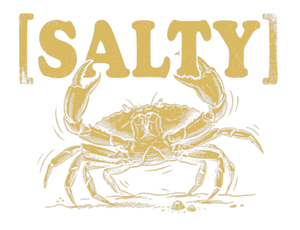 Vintage woodcut style crab illustration with salty text above representing a funny rebus wordplay design
