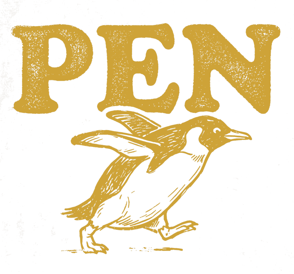 Vintage block letter text spelling PEN above a swimming running penguin illustration completing the rebus pun