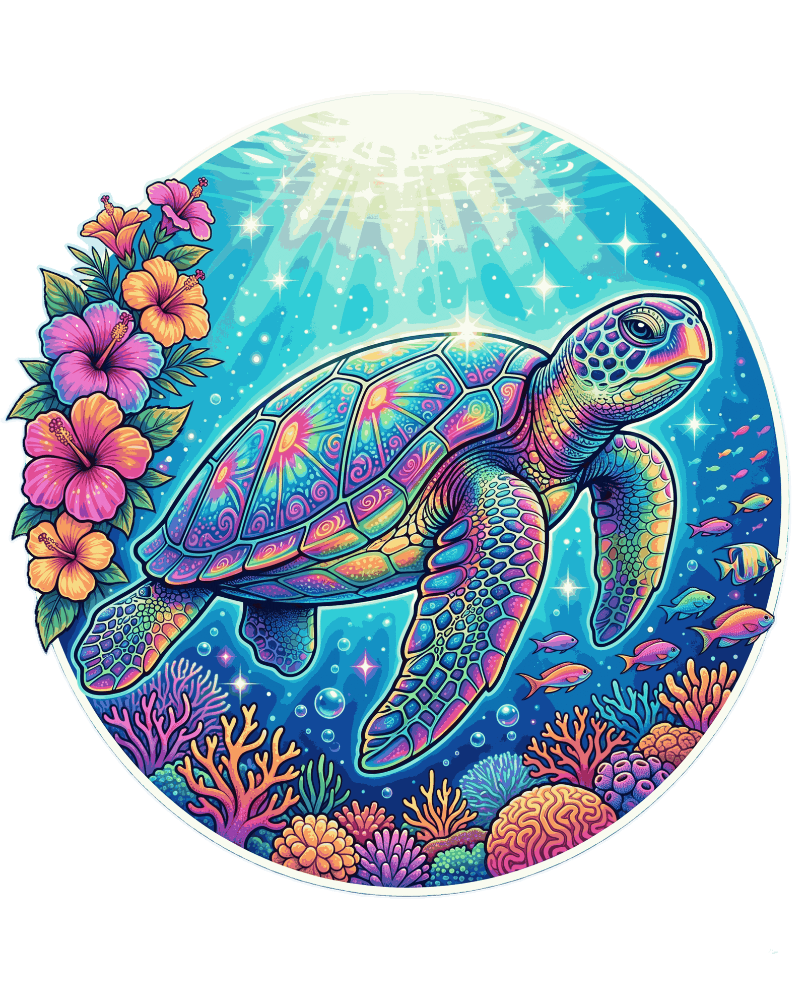 High-resolution transparent PNG of an ornate patterned sea turtle swimming in a vivid coral reef scene