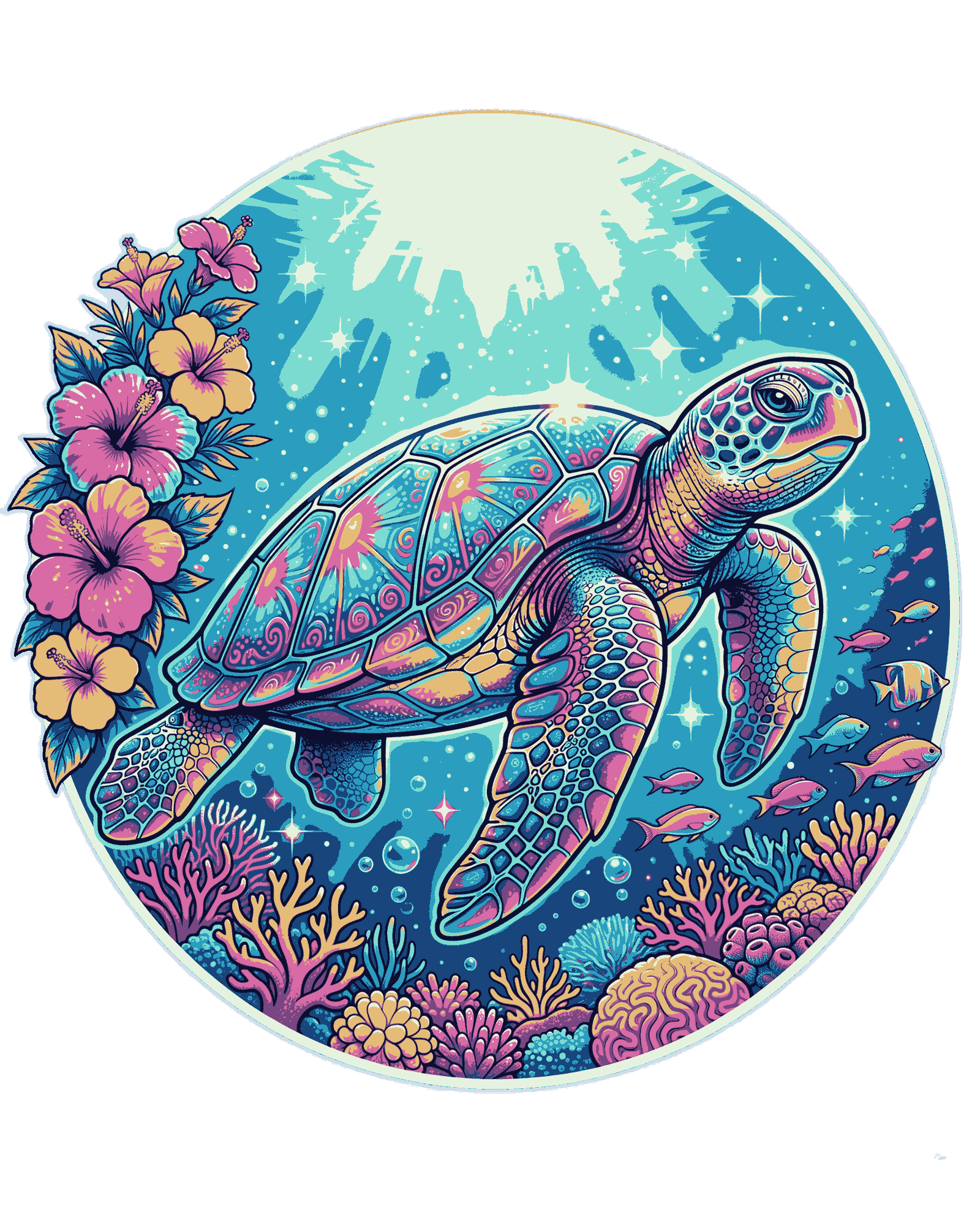 Circular vibrant sea turtle swimming over colorful coral reef and pink hibiscus flowers on transparent background