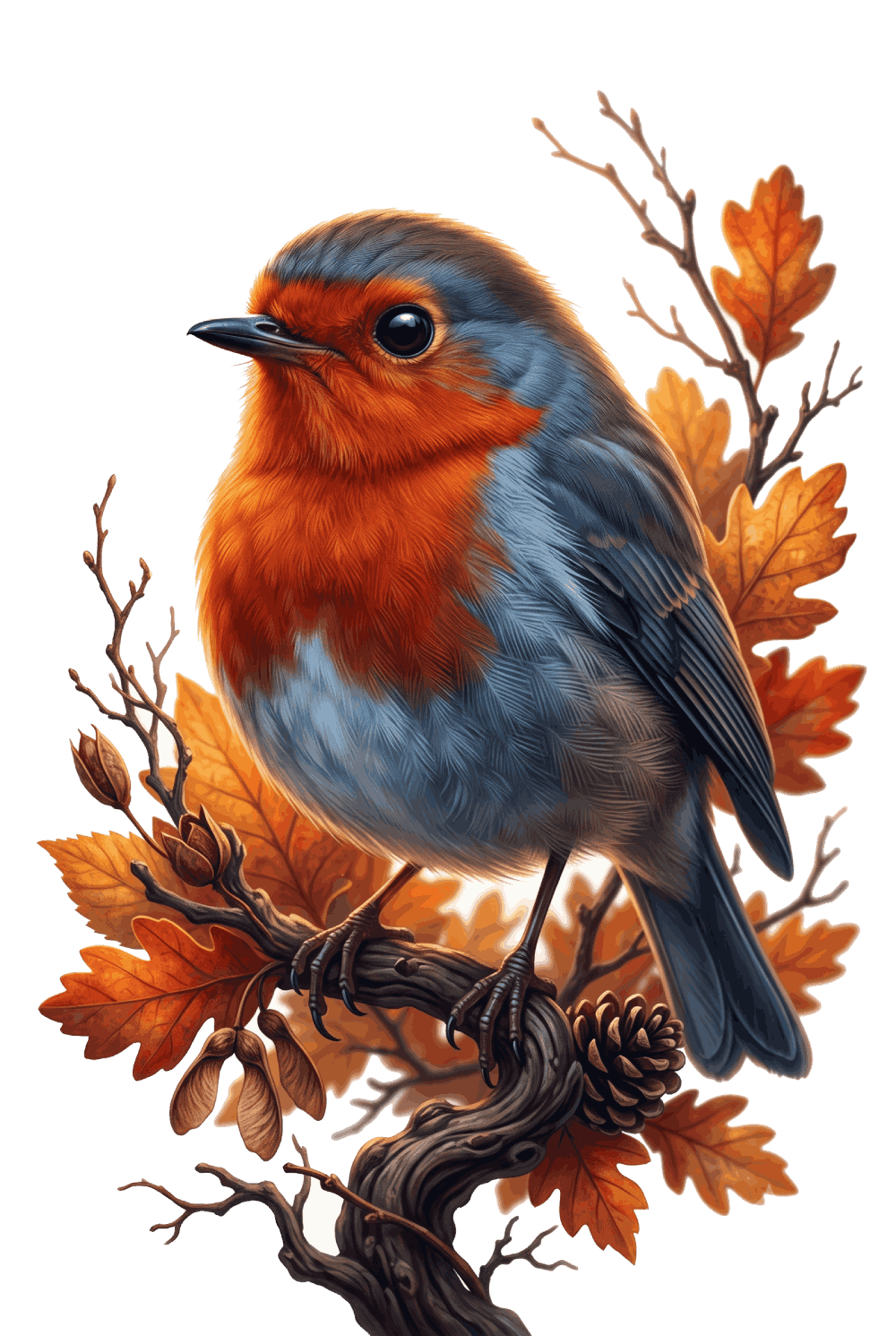 Cute redbreast robin perched on an oak tree branch with fall leaves and pine cones free transparent PNG