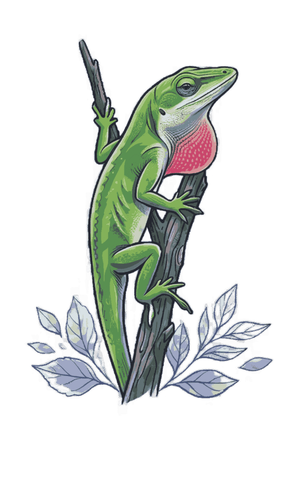 Green anole lizard climbing a tree branch with pink throat fan free transparent PNG illustration