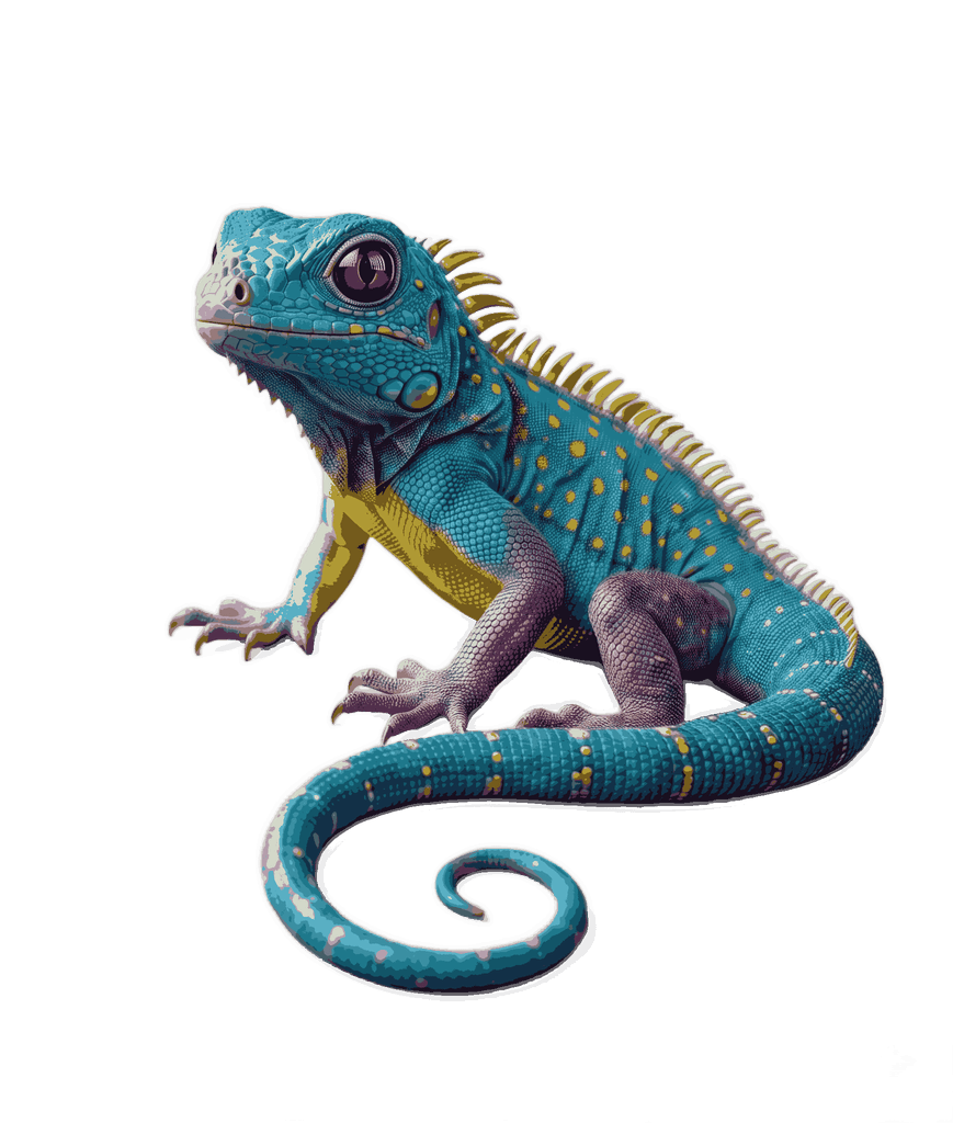 Stylized blue iguana with yellow spots and curled tail free transparent PNG clipart