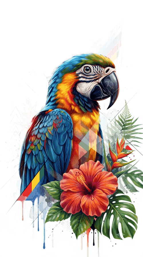 Large botanical parrot artwork featuring a vivid macaw, palm greenery, and splash watercolor effects