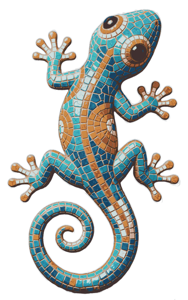 Talavera mosaic tile gecko lizard in turquoise and orange free transparent PNG graphic