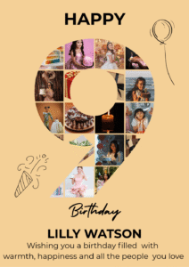 Cover artwork featuring an editable 9th birthday number photo collage template for Canva and PowerPoint